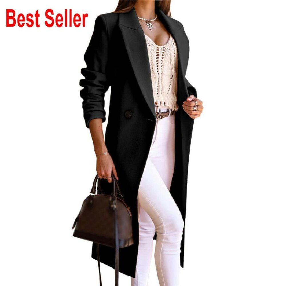 Long Wool Trench Coat Double Breasted Peacoat Classic Elegant Slim Fit Overcoat